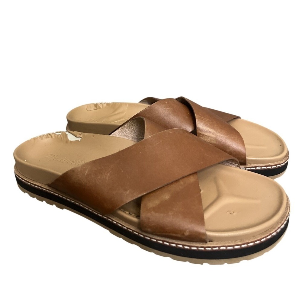 Madewell Sandals Women 9.5 Brown Boardwalk Crossover Slide Leather Lug Sole Flat